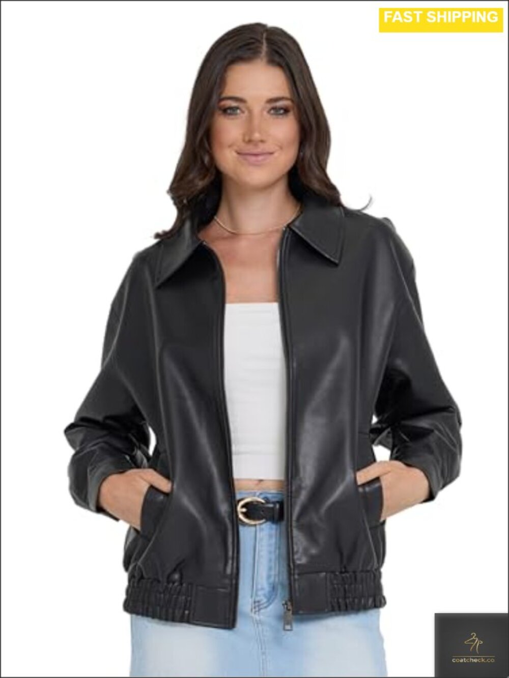 Faux Leather Bomber Moto Jacket Zip Up Oversized